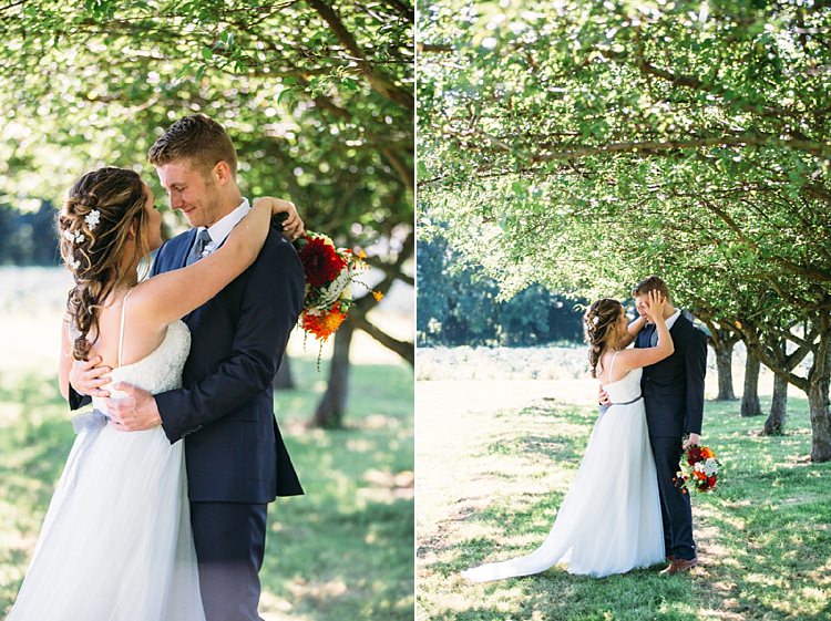 Bride Lace Tulle Bridal Gown Grey Sash Bright Orange Red Yellow Bouquet Loose Curls Hairstyle Flowers Groom Navy Blue Suit Trees Organic Farm Wedding Washington http://www.katiedayphotos.com/
