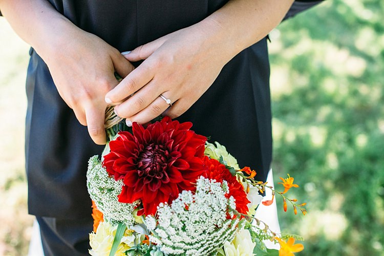 Bride Engagement Ring Bright Orange Red Yellow Bouquet Florals Organic Farm Wedding Washington http://www.katiedayphotos.com/