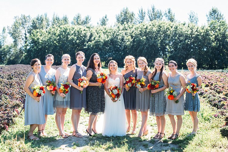 Bride Lace Tulle Bridal Gown Grey Sash Bridesmaids Grey Blue Dresses Bright Orange Red Yellow Bouquets Florals Organic Farm Wedding Washington http://www.katiedayphotos.com/