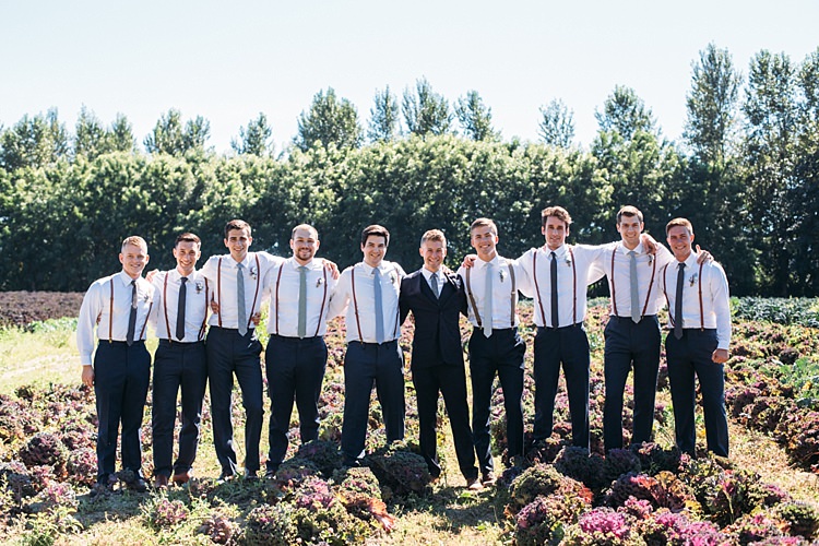 Groom Navy Blue Suit Grey Tie Groomsmen White Shirts Ties Suspenders Outdoor Vegetable Patch Organic Farm Wedding Washington http://www.katiedayphotos.com/