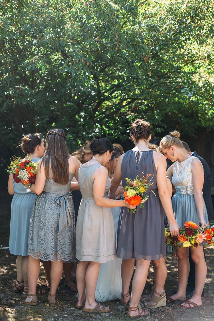 Bride Bridesmaids Grey Blue Dresses Bright Orange Red Yellow Bouquets Organic Farm Wedding Washington http://www.katiedayphotos.com/