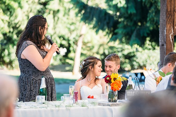 Outdoor Reception Bride Lace Tulle Bridal Gown Groom Navy Blue Suit Bridesmaid Grey Dress Speech Fresh Bright Orange Red Yellow Florals Organic Farm Wedding Washington http://www.katiedayphotos.com/