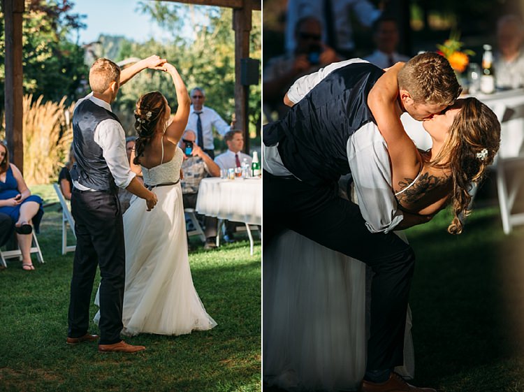 Outdoor Reception First Dance Bride Lace Tulle Bridal Gown Grey Sash Loose Curls Hairstyle Flowers Tattoo Groom Navy Blue Vest Pants Kiss Organic Farm Wedding Washington http://www.katiedayphotos.com/