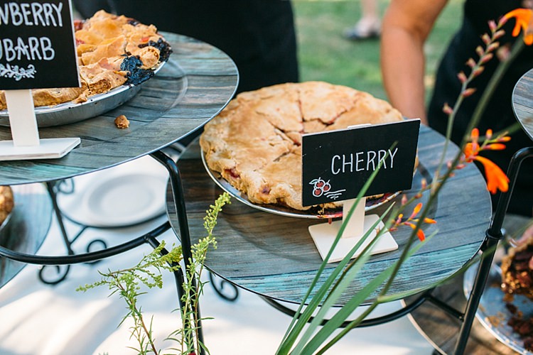 Outdoor Reception Dessert Pies Mini Handwritten Chalkboard Signs Fresh Bright Florals Organic Farm Wedding Washington http://www.katiedayphotos.com/