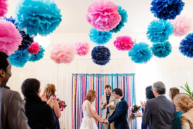 Ribbon Backdrop Pom Poms Ceremony Pink Blue Bright Quirky Crafty Wedding http://www.babbphoto.com/