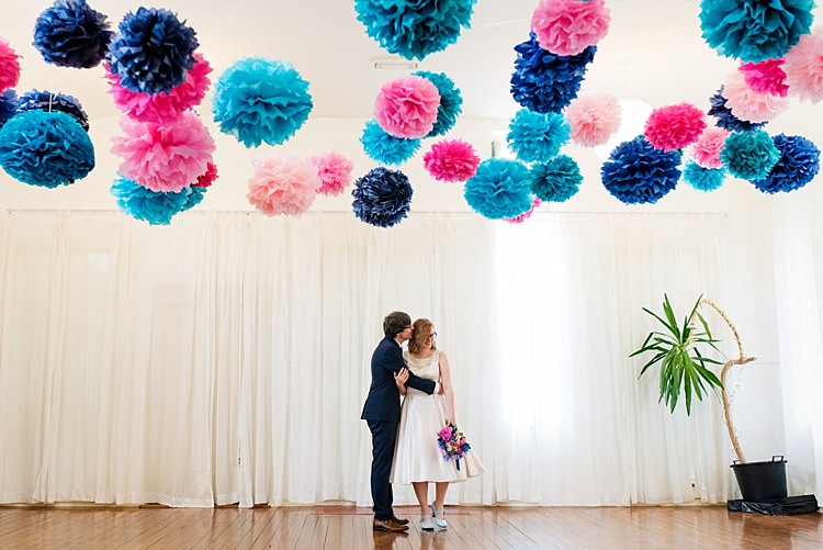 Backdrop Pom Poms Ceremony Pink Blue Bright Quirky Crafty Wedding http://www.babbphoto.com/