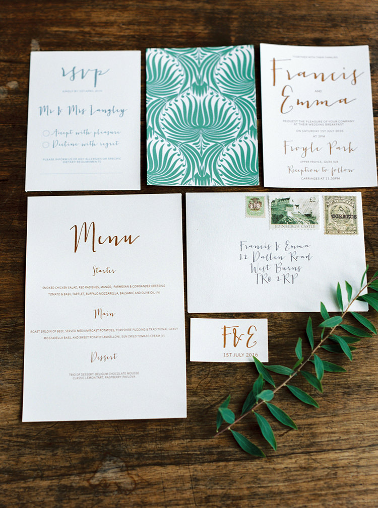 Gold Green Stationery Invitations Invites Arts & Crafts Jewel Tone Wedding Ideas http://www.veronalain.com/