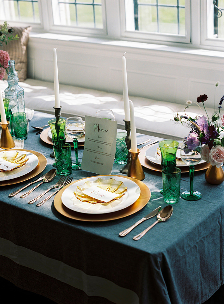 Decor Tablescape Gold Blue Candles Glasses Arts & Crafts Jewel Tone Wedding Ideas http://www.veronalain.com/
