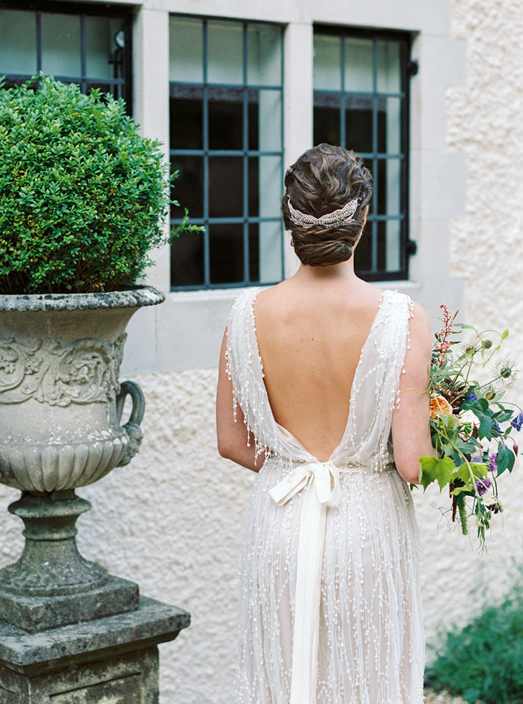 Beaded Embellished Dress Gown Bride Bridal Ribbon Low Back Arts & Crafts Jewel Tone Wedding Ideas http://www.veronalain.com/