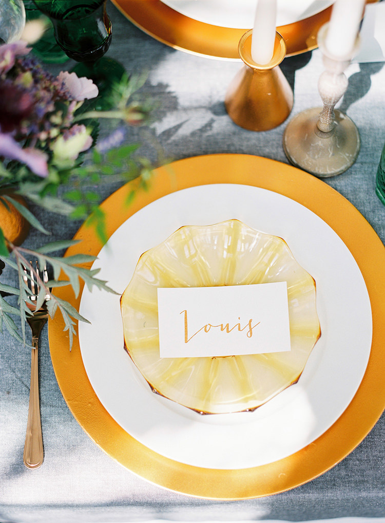 Mustard Yellow Gold Place Names Setting Plates Decor Arts & Crafts Jewel Tone Wedding Ideas http://www.veronalain.com/