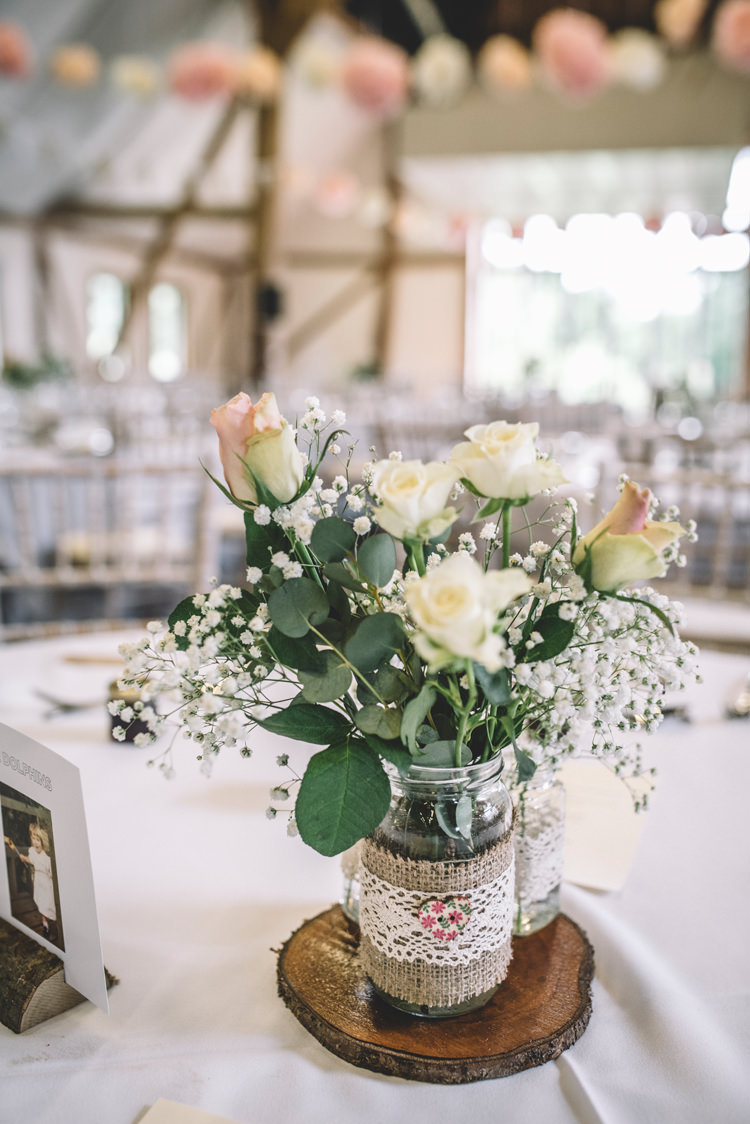 Flowers Centrepiece Log Jars Lace Hessian Decor DIY Summer Rustic Country Wedding http://www.danielakphotography.com/