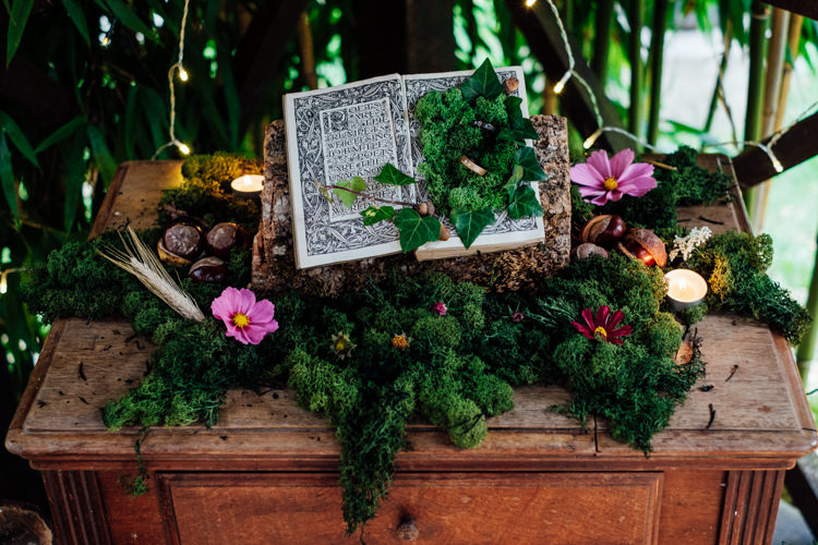 Moss Flowers Book Decor Whimsical Midsummer Night's Dream Wedding Ideas http://www.annapumerphotography.com/