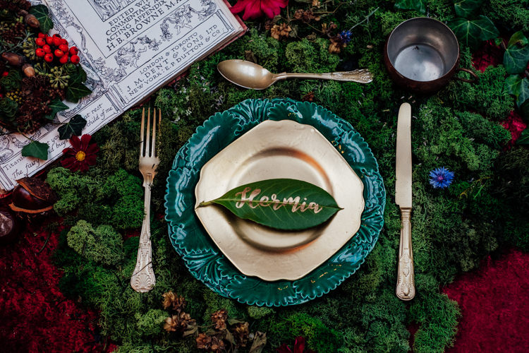Place Settng Moss Leaf Whimsical Midsummer Night's Dream Wedding Ideas http://www.annapumerphotography.com/