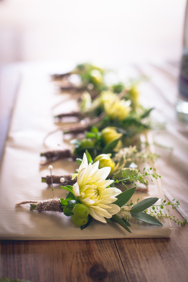 Dahlia Buttonholes White Green Outdoor Boho Botanical Farm Wedding http://www.lauraophotography.com/