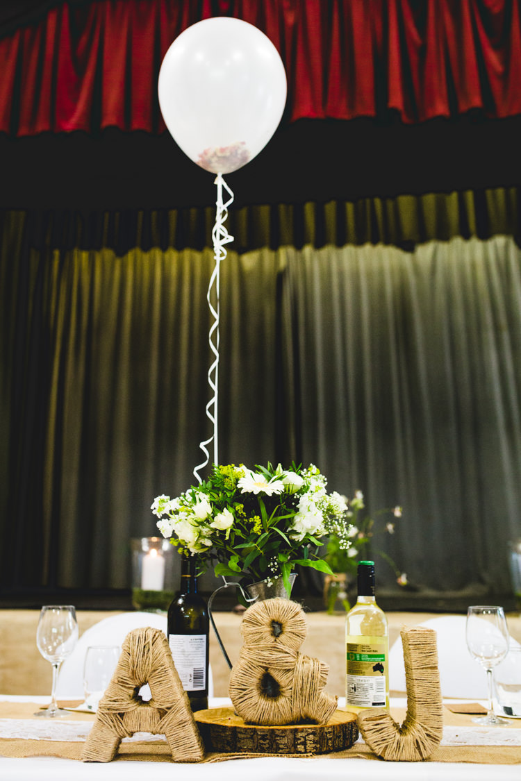 Balloon Twine Letters Log Slice Hessian Decor Stylish Relaxed Fun White Wedding http://www.livvy-hukins.co.uk/