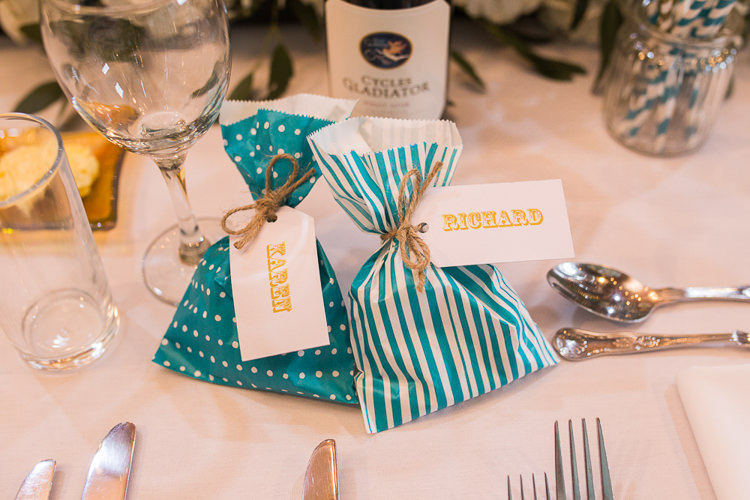 Sweet Bag FAvours Luggage Tags Teal Gold Barn Wedding http://www.mr-and-mrs-wedding-photography.co.uk/