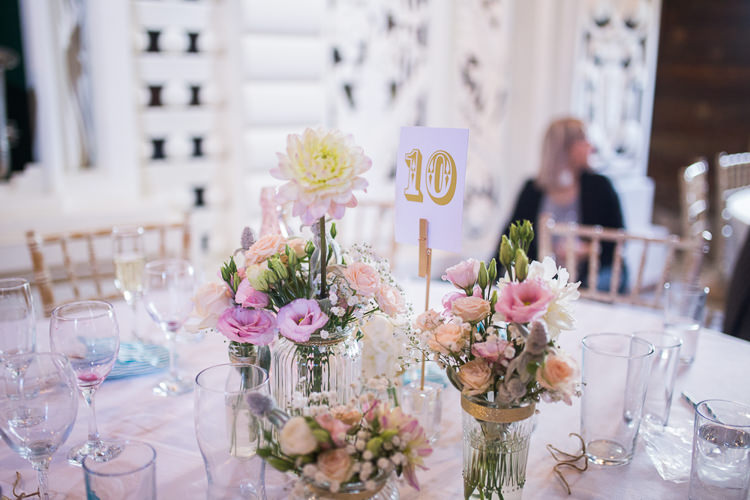 Jar Flowers Pink Pretty Centrepiece Decor Teal Gold Barn Wedding http://www.mr-and-mrs-wedding-photography.co.uk/