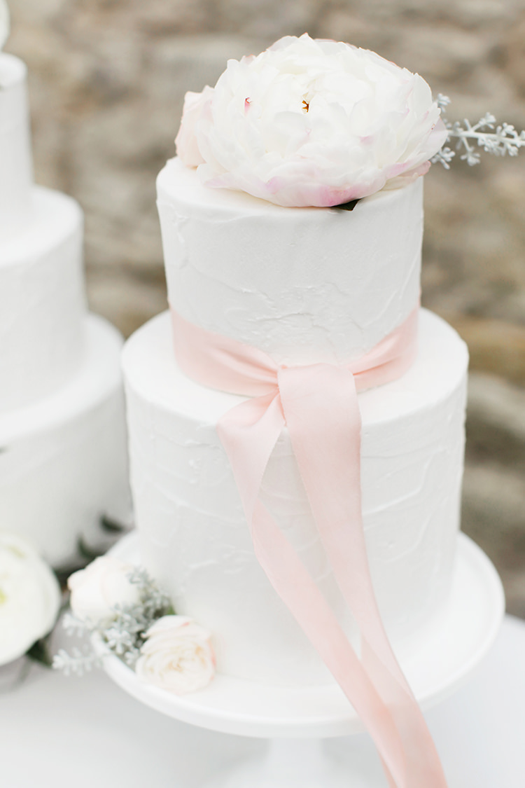 White Buttercream Cake Pink Ribbon Peony Soft Pale Fine Art Wedding Ideas http://rachelrosephotography.co.uk/