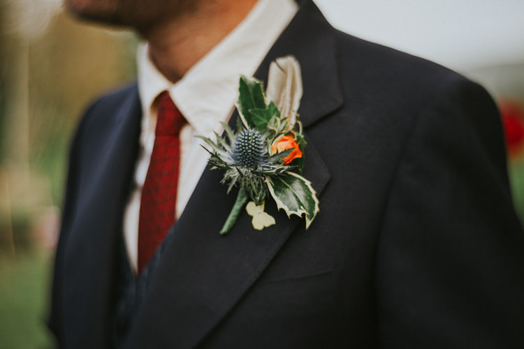 Thistle Buttonhole Feather Groom Indie Mismatched Colourful Wedding http://foxandowl.uk/ 