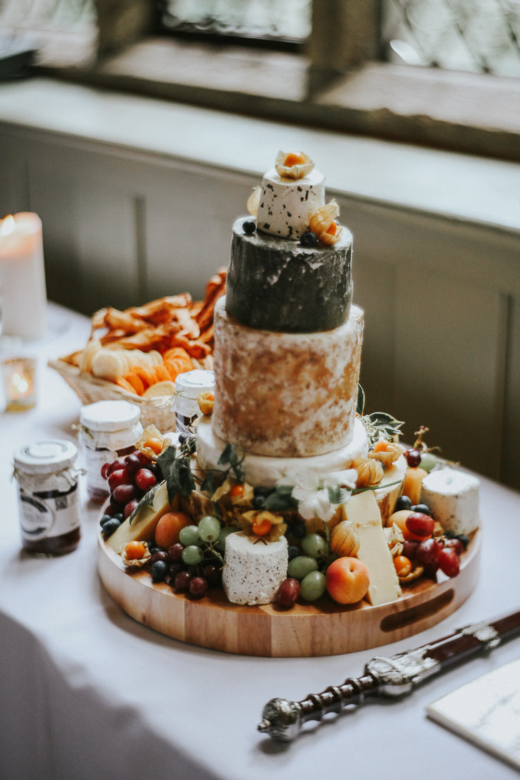 Cheese Tower Stack Cake Fruit Indie Mismatched Colourful Wedding http://foxandowl.uk/