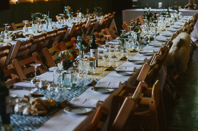 Long Tables Decor Hall Indie Mismatched Colourful Wedding http://foxandowl.uk/
