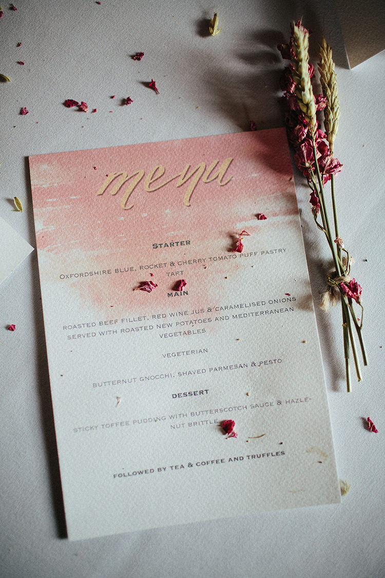 Watercolour Stationery Menu Pink Gold Soft Springtime Countryside Wedding http://www.claudiarosecarter.co.uk/