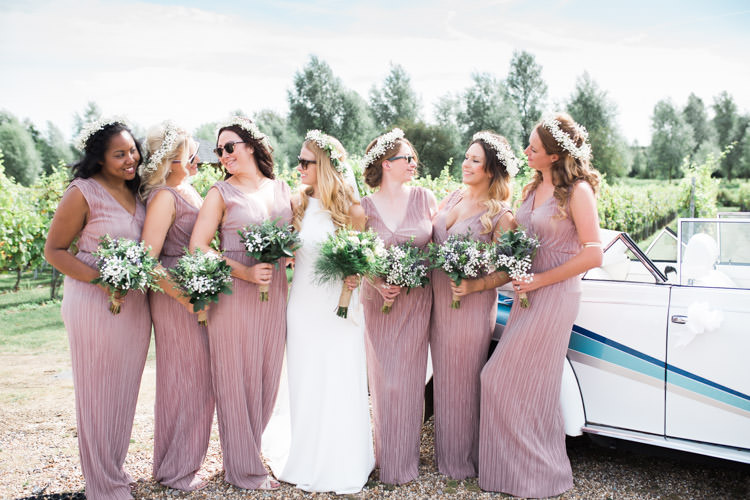 Long Pink Bridesmaids Flower Crowns Sunglassses Bohemian Vineyard Wedding http://www.gemmagiorgio.com/