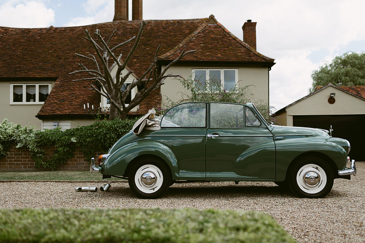 Green Morris Minor Car Transport Bohemian Outdoor Blessing Garden Wedding http://www.lukehayden.co.uk/