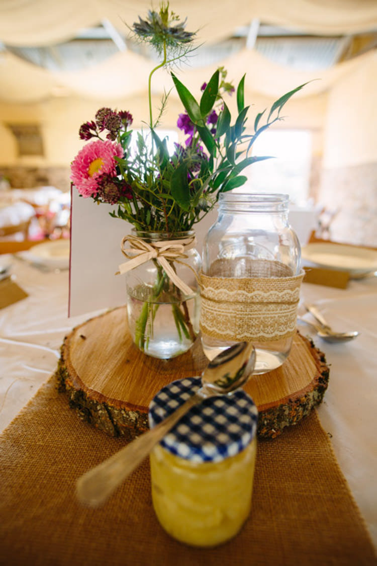 Jar Flowers Lace Hessian Centrepiece Mismatched Berry DIY Wedding http://www.colinianross.com/
