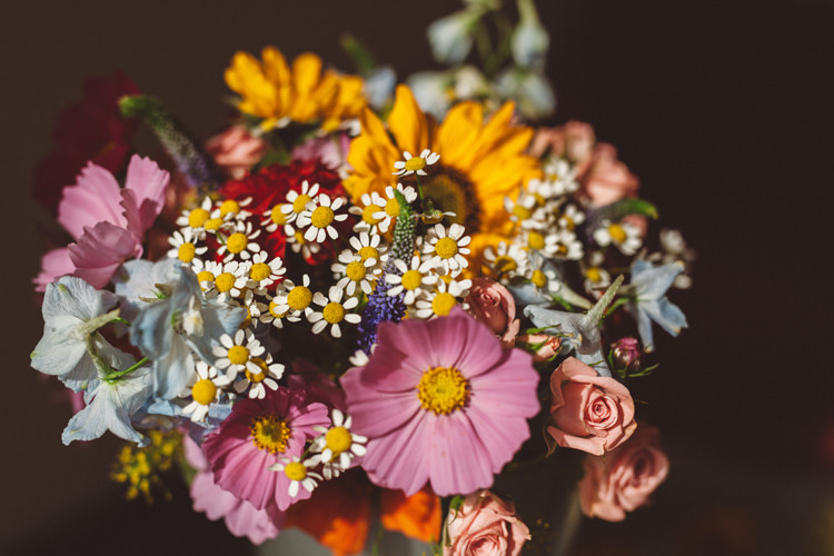 Bouquet Flowers Bride Bridal Sunflower Daisy Sweet Pea Rose Colourful Home Made Garden Wedding http://www.maytreephotography.co.uk/