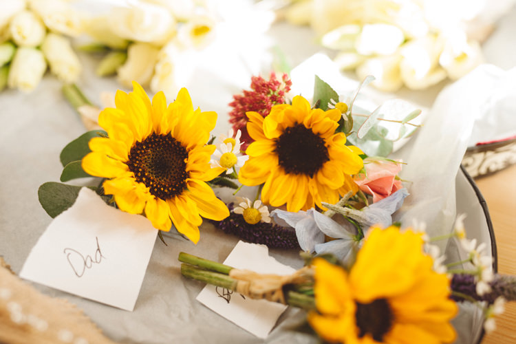 Sunflower Buttonholes Colourful Home Made Garden Wedding http://www.maytreephotography.co.uk/