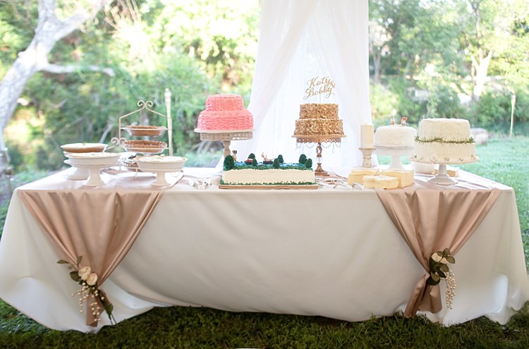 Reception Dessert Table Wedding Cake Sweets Pies Blush Fabric Fresh Florals Gold & Peach Riverside Garden Wedding http://kellyhornberger.com/ 
