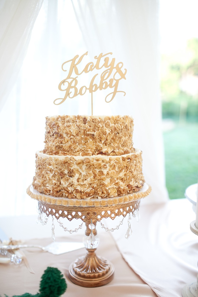 Wedding Cake Gold Bead Cake Stand Gold Name Topper Dessert Table Gold & Peach Riverside Garden Wedding http://kellyhornberger.com/ 