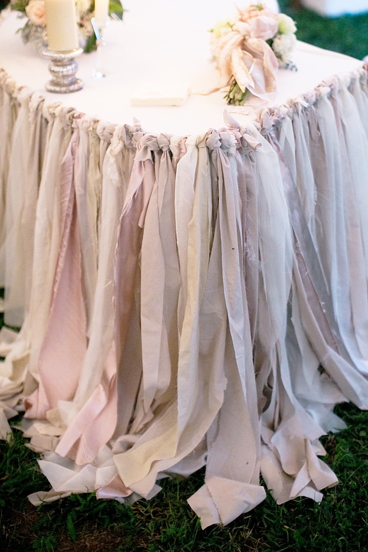 Reception Bride Groom Table Fresh Florals Ribbon Decoration Blush Cream Grey Gold & Peach Riverside Garden Wedding http://kellyhornberger.com/ 