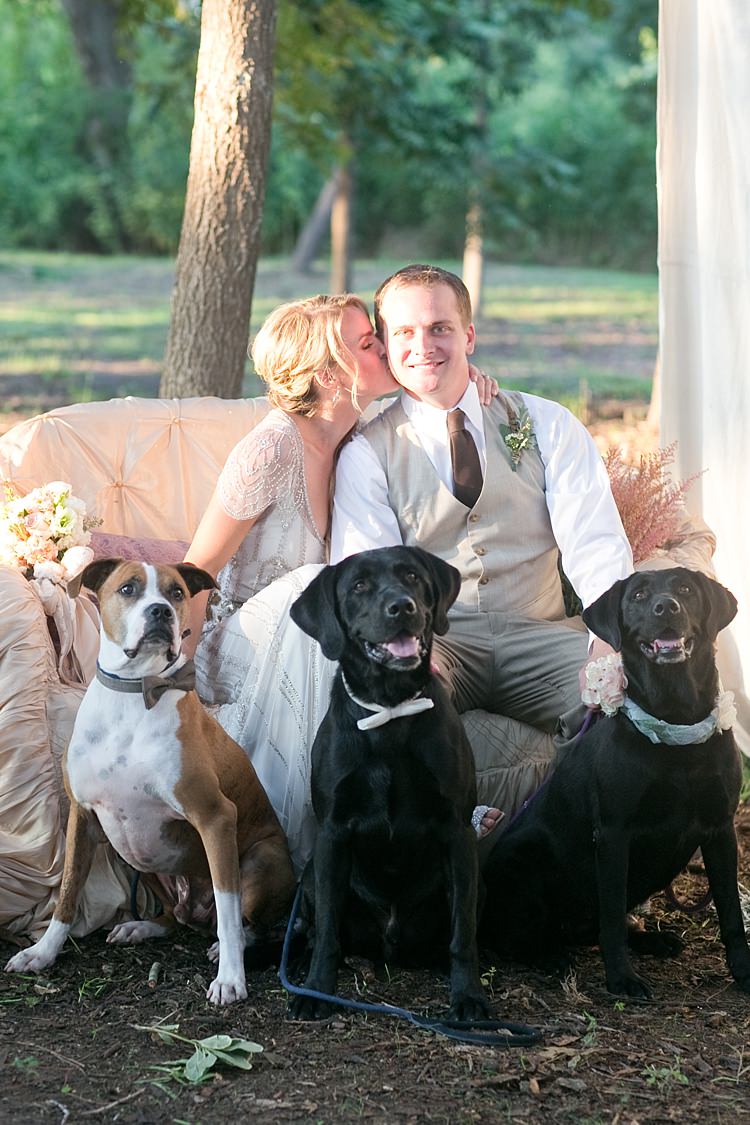 Bride Beaded Jenny Packham Bridal Gown Cream Peach Bouquet Groom Khaki Pants Vest Brown Tie Floral Buttonhole Dogs Bowties Floral Collar Vintage Couch Gold & Peach Riverside Garden Wedding http://kellyhornberger.com/ 