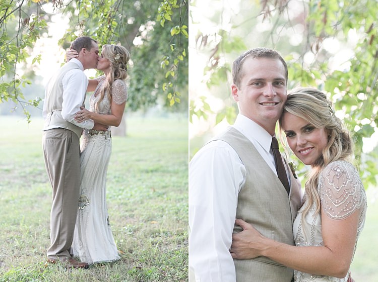Bride Beaded Jenny Packham Bridal Gown Loose Curls Gold Hair Comb Groom Khaki Pants Vest Brown Tie Trees Gold & Peach Riverside Garden Wedding http://kellyhornberger.com/ 