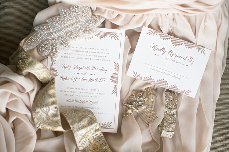 Wedding Stationery Blush Invitation RSVP Card Vintage Hair Comb Gold Ribbon Beads Soft Fabric Gold & Peach Riverside Garden Wedding http://kellyhornberger.com/ 