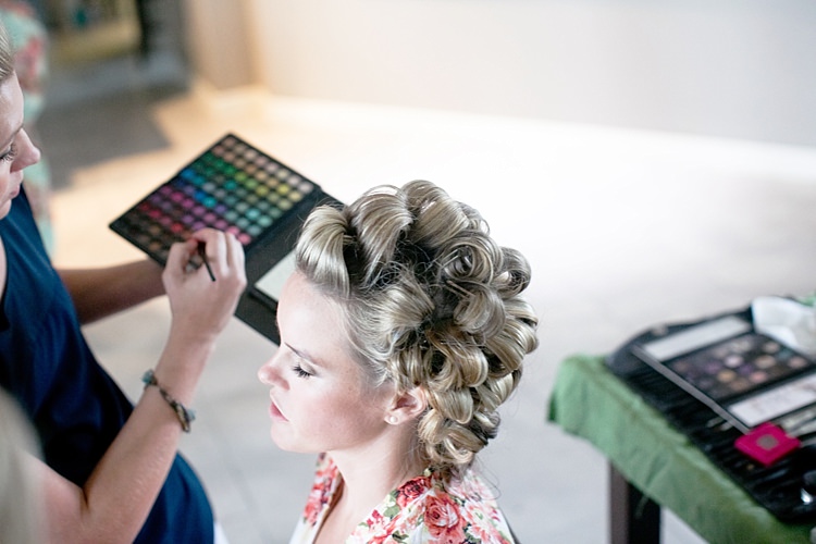 Bride Makeup Artist Palette Curly Hairstyle Gold & Peach Riverside Garden Wedding http://kellyhornberger.com/ 