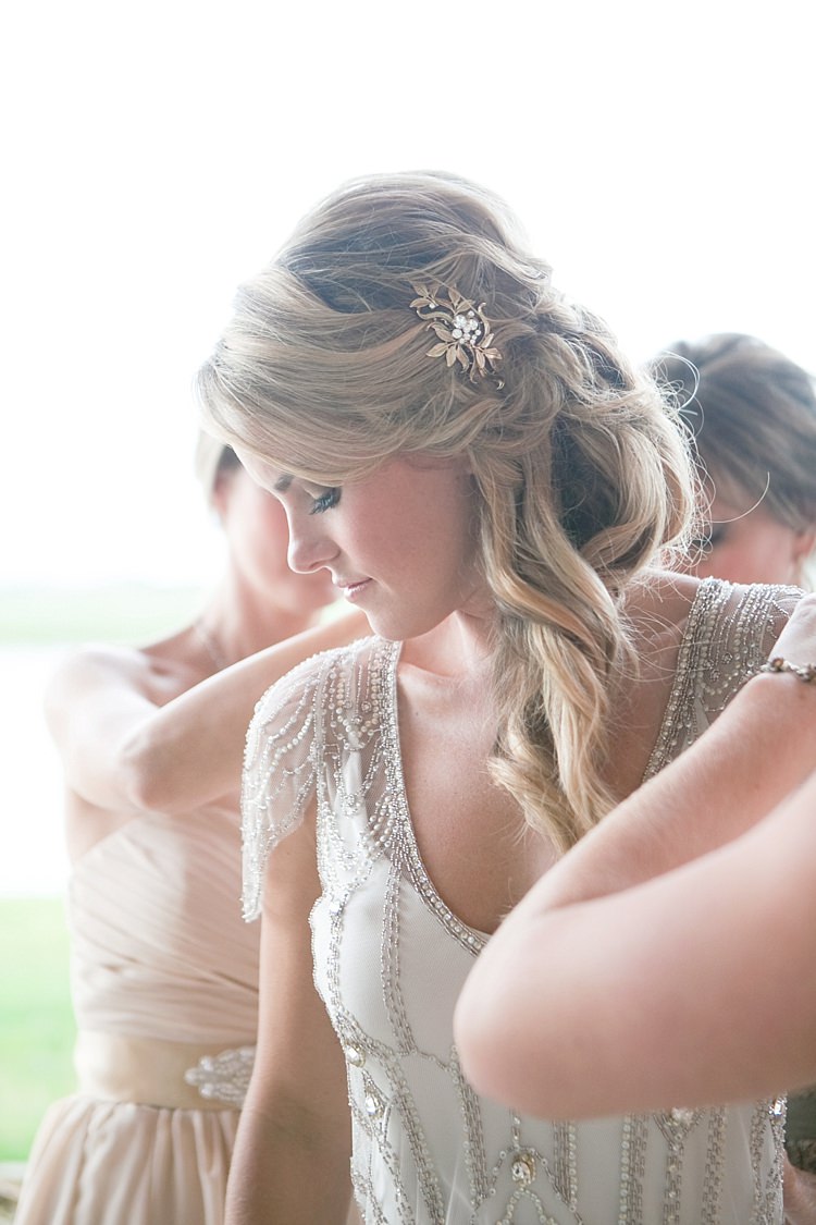 Bride Beaded Jenny Packham Bridal Gown Loose Curls Hairstyle Gold Hair Comb Bridesmaids Gold & Peach Riverside Garden Wedding http://kellyhornberger.com/ 