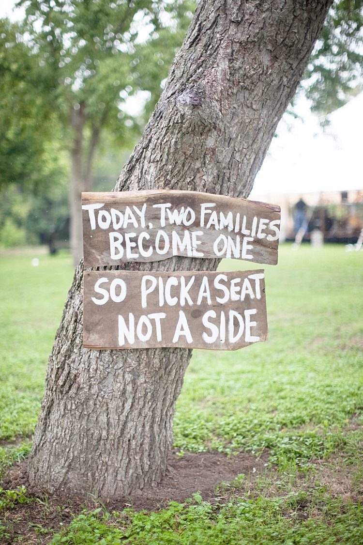Outdoor Ceremony Tree Wooden Handpainted Sign White Gold & Peach Riverside Garden Wedding http://kellyhornberger.com/ 