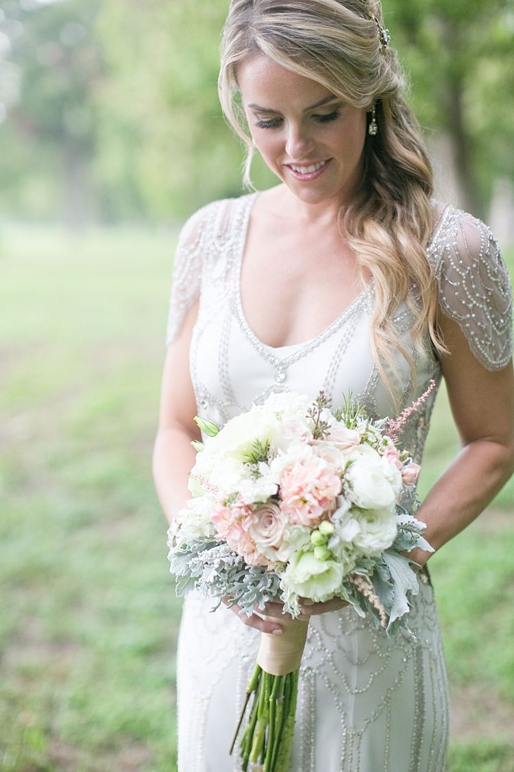 Bride Beaded Jenny Packham Bridal Gown Cream Peach Bouquet Roses Peonies Long Ribbon Loose Curls Gold Hair Comb Drop Earrings Gold & Peach Riverside Garden Wedding http://kellyhornberger.com/ 