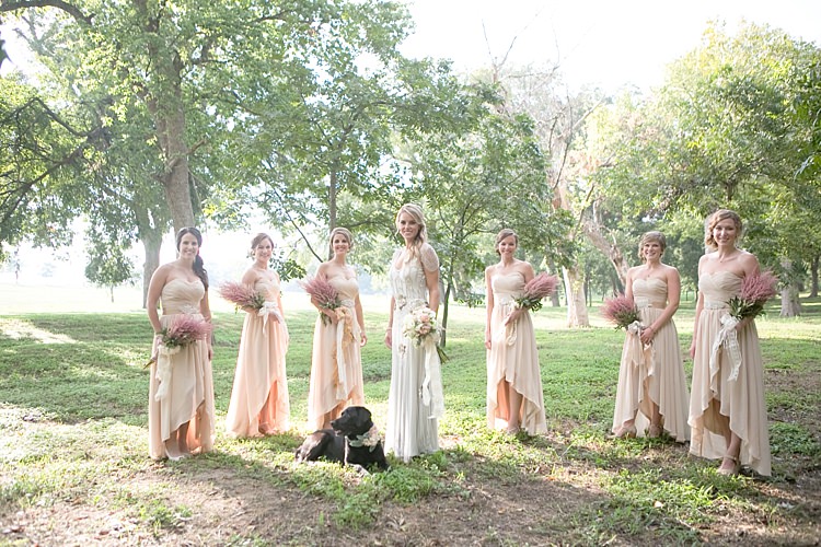 Bride Beaded Jenny Packham Bridal Gown Cream Peach Bouquet Bridesmaids Cream Sweetheart Dresses Dog Floral Collar Gold & Peach Riverside Garden Wedding http://kellyhornberger.com/ 