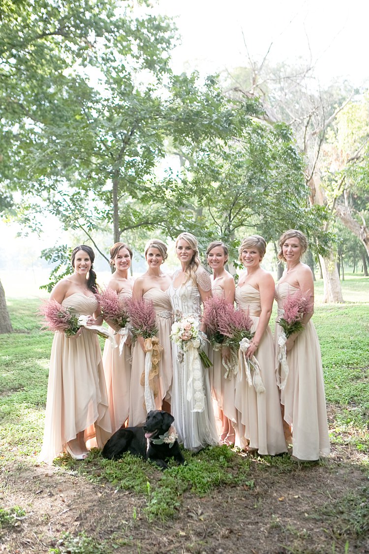 Bride Beaded Jenny Packham Bridal Gown Cream Peach Bouquet Long Ribbon Bridesmaids Cream Sweetheart Dresses Pink Bouquets Dog Floral Collar Gold & Peach Riverside Garden Wedding http://kellyhornberger.com/