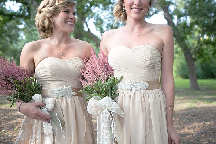 Bridesmaids Cream Sweetheart Dresses Embellished Sashes Pink Bouquet Long Ribbons Gold & Peach Riverside Garden Wedding http://kellyhornberger.com/ 