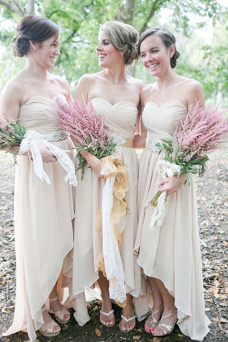 Bridesmaids Cream Sweetheart Dresses Embellished Sashes Pink Bouquet White Gold Ribbons Gold & Peach Riverside Garden Wedding http://kellyhornberger.com/