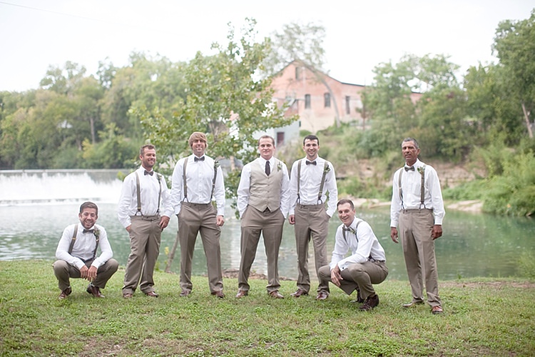 Groom Khaki Vest Pants Brown Tie Groomsmen Khaki Pants White Shirts Suspenders Bowties Gold & Peach Riverside Garden Wedding http://kellyhornberger.com/ 