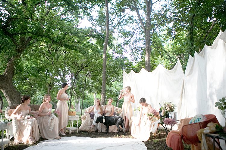 Bride Beaded Jenny Packham Bridal Gown Bridesmaids Cream Sweetheart Dresses Dog Floral Collar Private Tent Vintage Couches Gold & Peach Riverside Garden Wedding http://kellyhornberger.com/