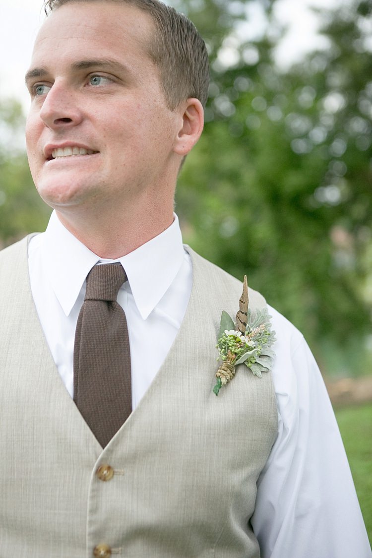 Groom Khaki Vest Brown Tie Floral Buttonhole Gold & Peach Riverside Garden Wedding http://kellyhornberger.com/