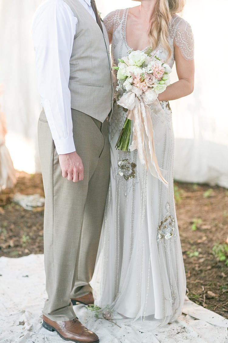 Bride Beaded Jenny Packham Bridal Gown Cream Peach Bouquet Roses Carnations Long Ribbons Groom Khaki Pants Vest Brown Tie Gold & Peach Riverside Garden Wedding http://kellyhornberger.com/ 