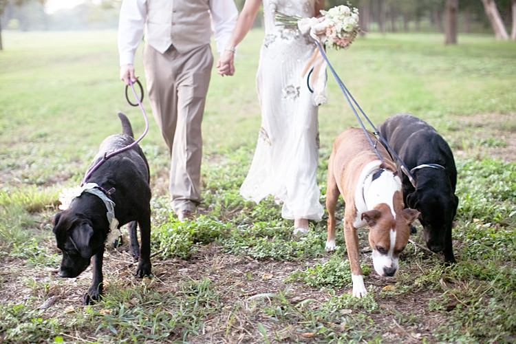 Bride Beaded Jenny Packham Bridal Gown Cream Peach Bouquet Long Ribbons Groom Khaki Pants Vest Dogs Bowties Floral Collar Gold & Peach Riverside Garden Wedding http://kellyhornberger.com/